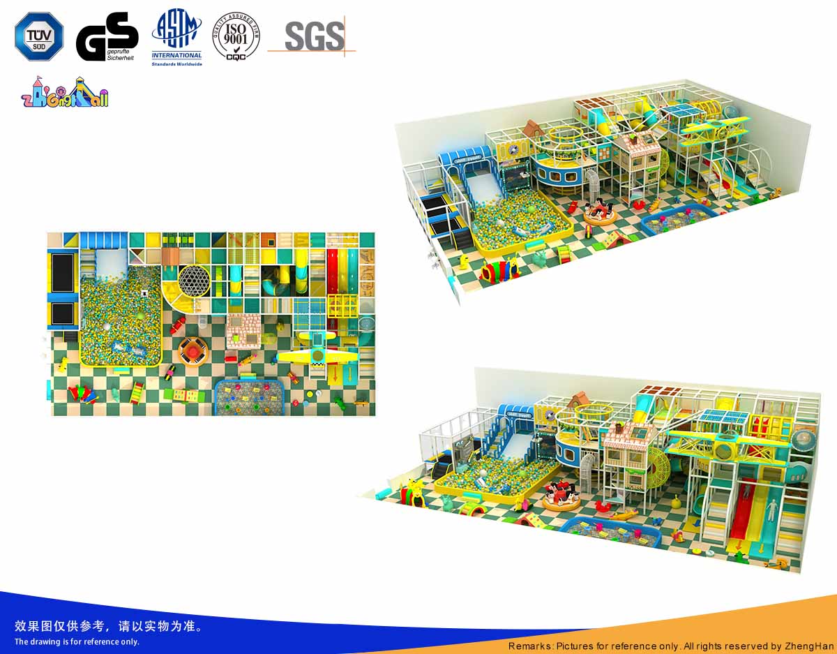 Angled overview of customizable indoor play park system